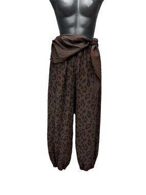 LA PROVENZA Leopard Print Balloon Scarf Belted Relaxed Brown Pants sz S